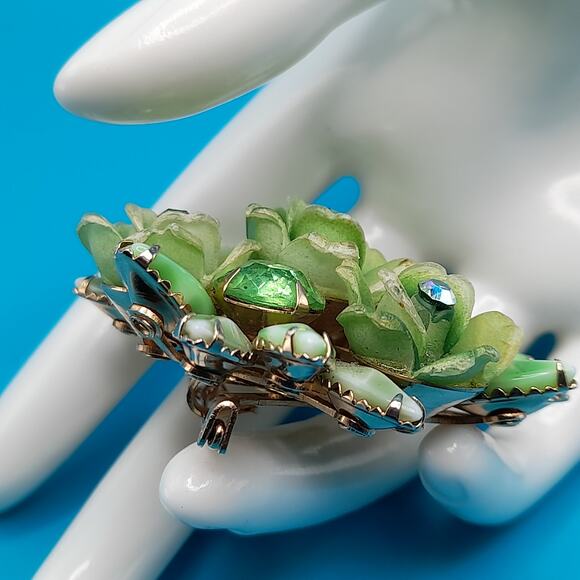 Vintage Celebrity Green Rhinestone Brooch Pendant, 1950s, 2 1/4 Inches - Picture 4 of 10